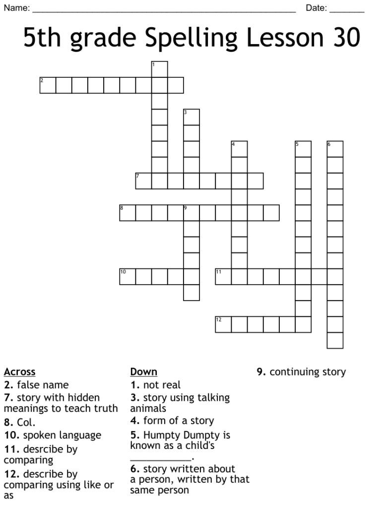 5th Grade Crossword Puzzles Free Crossword Puzzles Printable