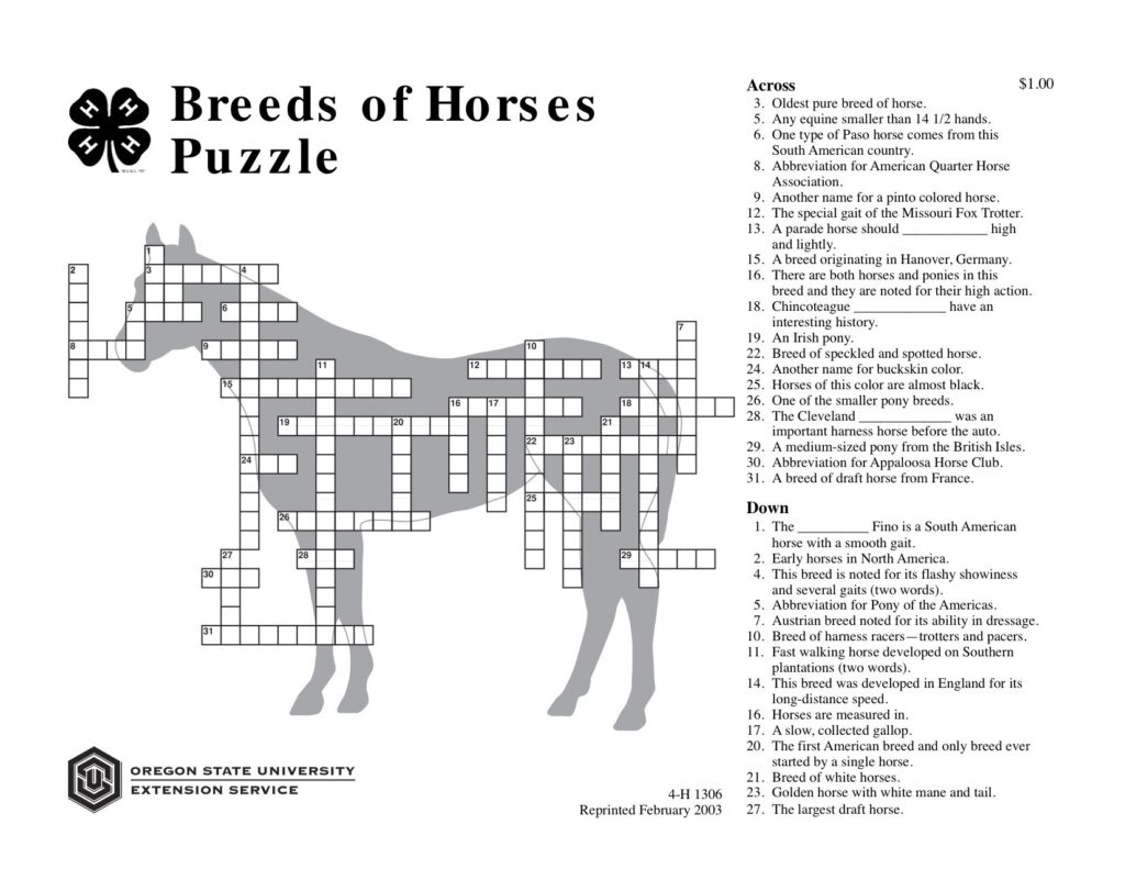 Horse Crossword Puzzle Printable Free Crossword Puzzles Printable