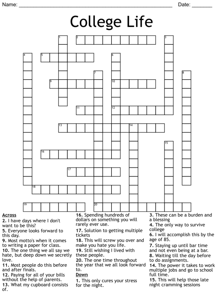 College Crossword Puzzle Printable Free Crossword Puzzles Printable