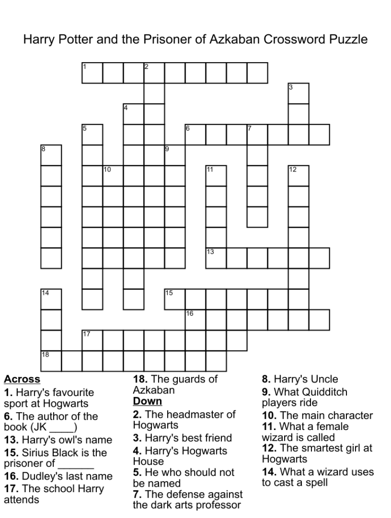 Printable Harry Potter Crossword Puzzle Free Crossword Puzzles Printable