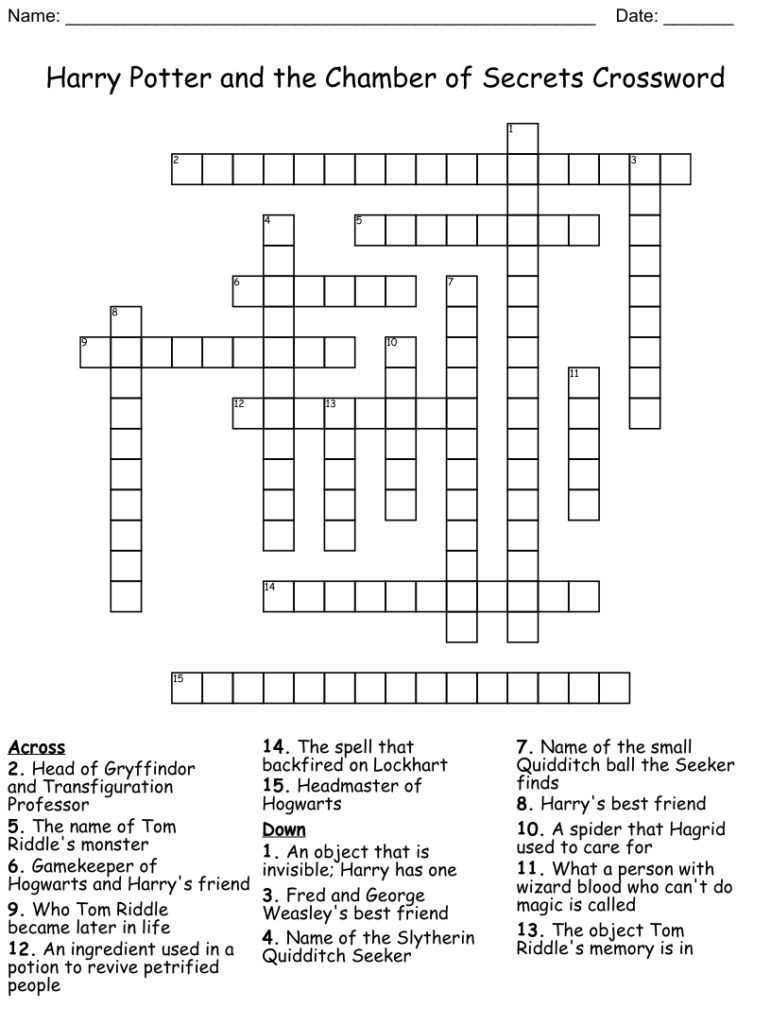 Printable Harry Potter Crossword Puzzle Free Crossword Puzzles Printable