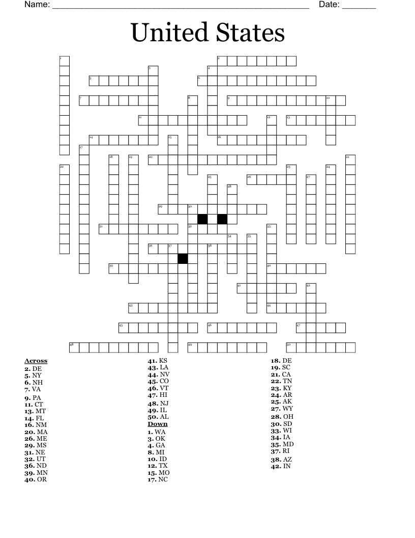 United States State Abbreviation Crossword Puzzle Printable Free United States State Abbreviation Crossword Puzzle Printable Free