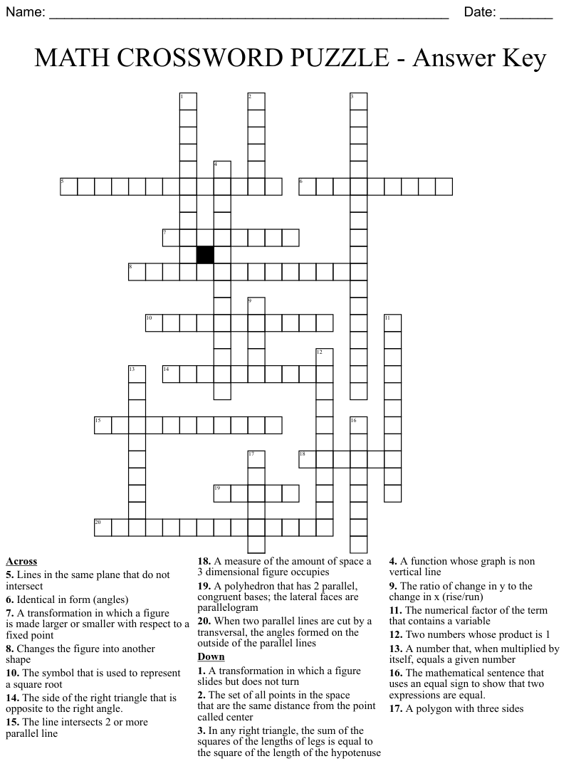 Math Crossword Puzzle Answer Key Free Crossword Puzzles Printable