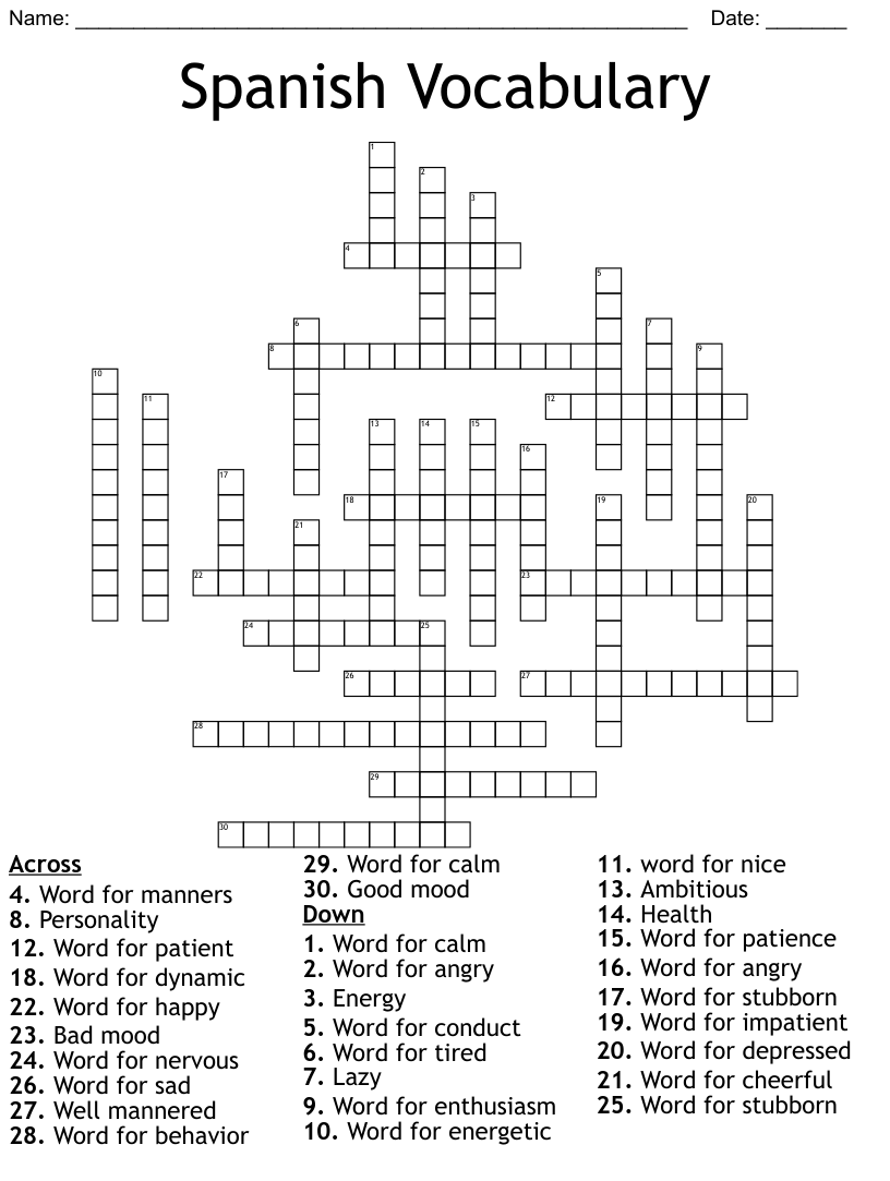 Printable Spanish Crossword Puzzle Answers Free Crossword Puzzles