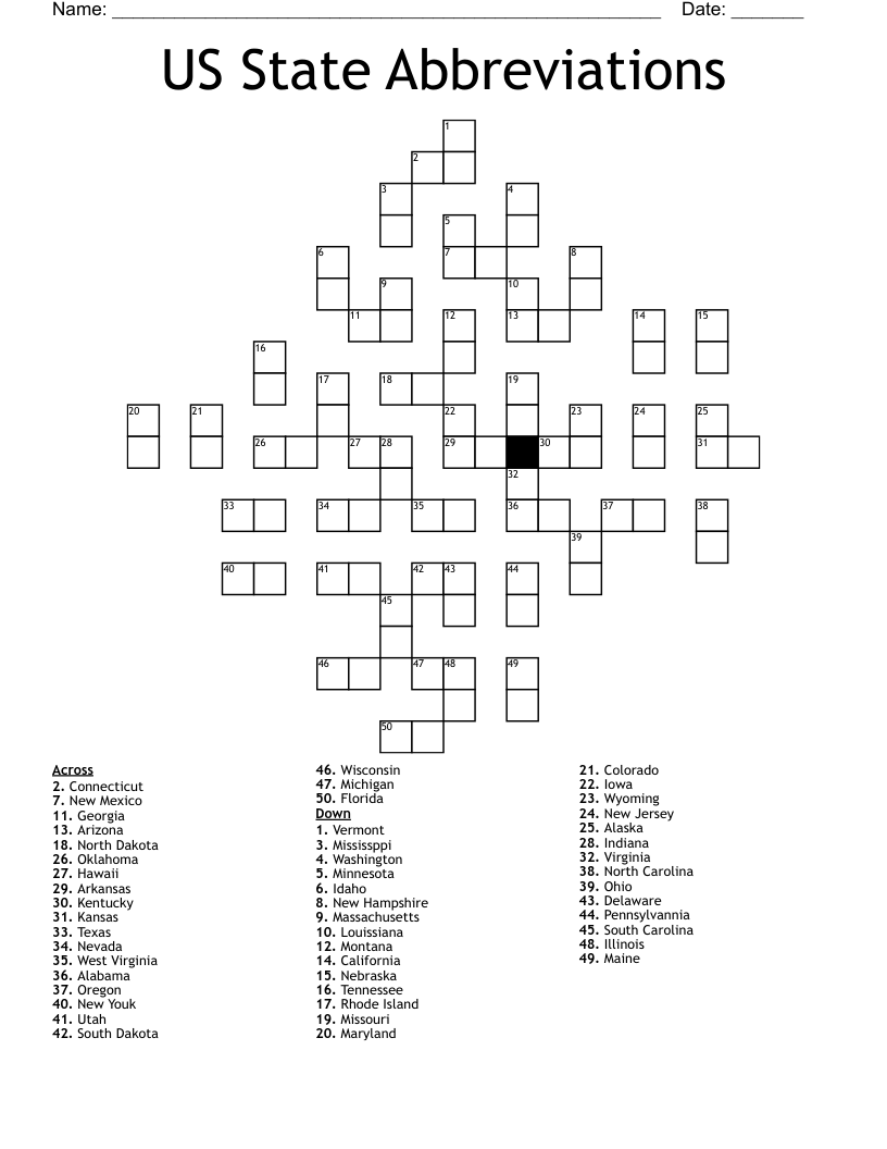 United States State Abbreviation Crossword Puzzle Printable Free United States State Abbreviation Crossword Puzzle Printable Free