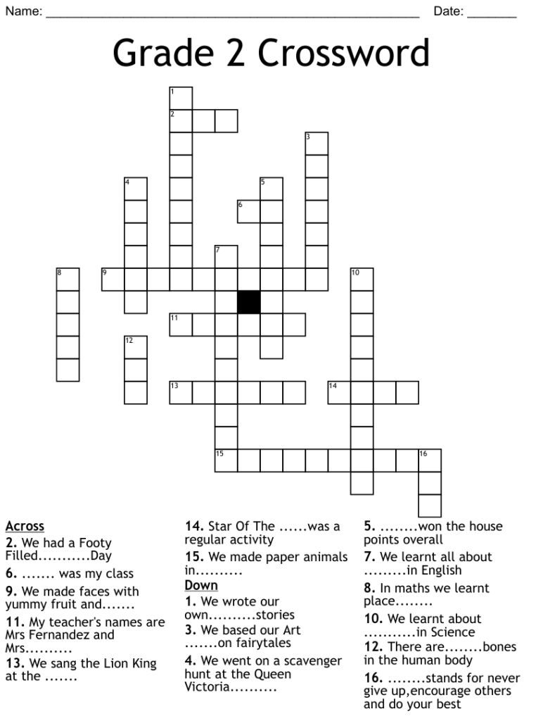 Grade 2 Crossword Puzzle Free Pdf Printable - Free Crossword Puzzles ...